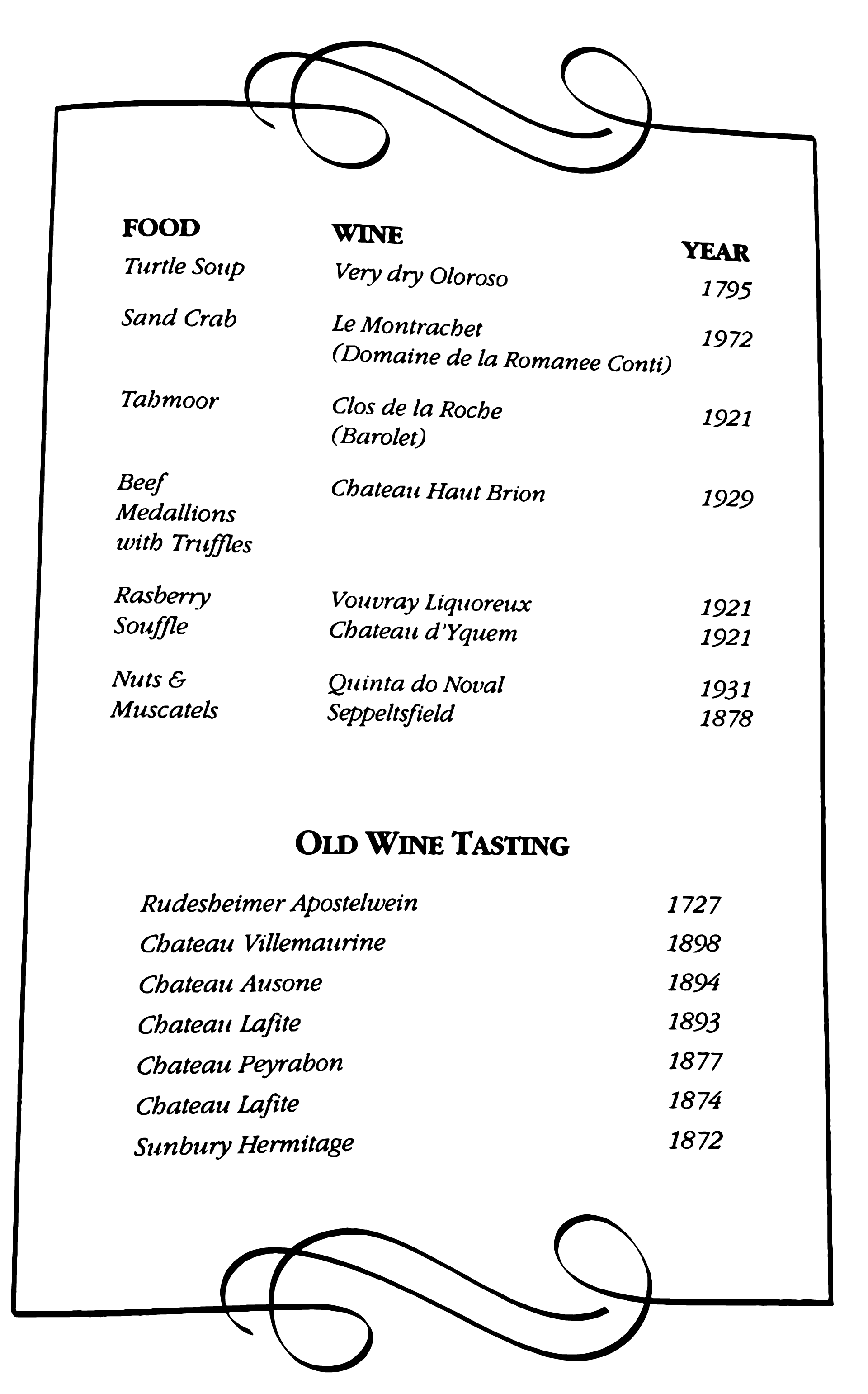 Menu showing food and wine matching with wine dates indicating some very old wines, mostly European.